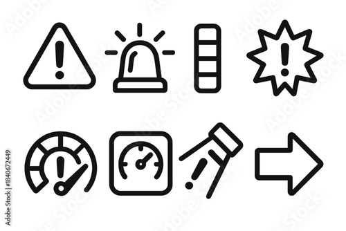 High-Risk Alert Icons. High-Risk Alert Symbols linear set: bold hazard sign, emergency siren arc, alert intensity bar, caution burst, danger threshold gauge, red-level indicator,