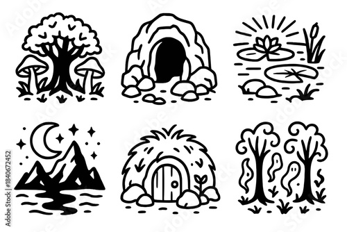 Fantasy Creature Icons. Fantasy Creature Domains linear set: fae grove, giant’s hollow, shimmering lagoon, astral ridge, mossy burrow, spirit glade.