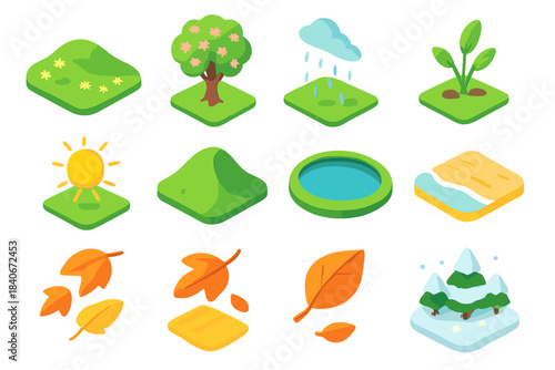 Seasonal Landscape Icons. Seasonal Landscapes isometric flat set: spring meadow, blooming tree, gentle rain, fresh buds, summer sun, green hill, calm lake, sandy shore, autumn