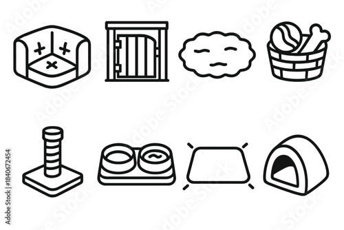 Pet Safety Icons. Safe Pet Spaces linear set: cushioned corner, gated doorway, soft rug, toy basket, low scratch post, water bowl station, non-slip mat, cozy hideaway.