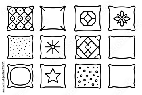 Decorative Pillow Icons. Decorative Pillow Icons linear set: patterned cushion, tassel corner pillow, geometric cover, embroidered motif, textured square, accent puff, stitched