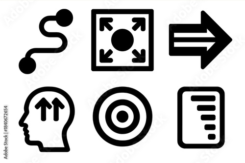 Bold Cognitive Icons. Conscious Mindflow Frameworks silhouette set: deliberate reasoning trail, attention guidance tile, cognitive channel arrow, thought alignment icon, mental