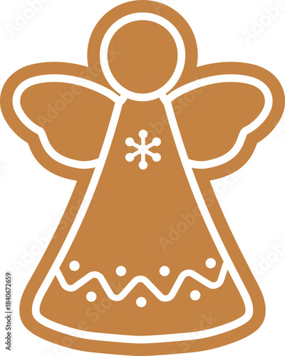 Gingerbread Angel Cookie Icon with White Icing Decoration.
Christmas Angel Shaped Gingerbread Cookie Flat Vector.
Holiday Gingerbread Angel Outline Illustration on Transparent Background.