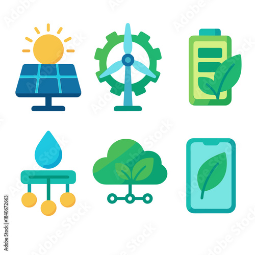 Modern Eco Innovations. Green Technology Set flat set: solar panel, wind turbine gear, efficient battery, water-purifying node, eco data cloud, sustainable device.
