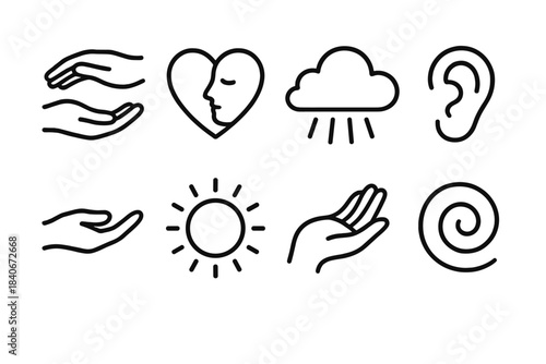 Elements of Kindness. Emotional Kindness Elements linear set: comforting hand, empathy heart, calm cloud, soothing beam, listening ear, warm glow ring, supportive palm, gentle