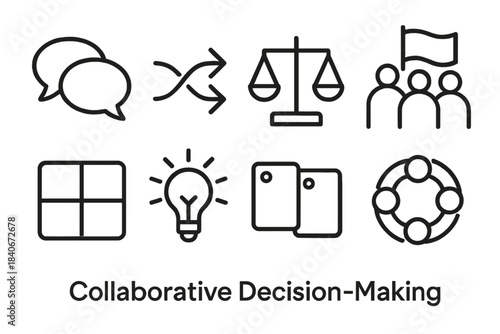 Collaborative Icon Grid. Collaborative Decision-Making linear set: discussion bubbles, joined arrows, comparison chart, community flag, alignment grid, shared insight spark, option