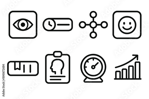 Cognitive Wellness Icons. Cognitive wellness applications linear set: focus tracker tile, mindfulness timer bar, mental exercise node, mood monitor icon, habit cue strip,