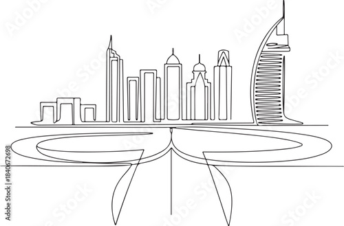 Continuous Line Art Sharjah Skyline with Al Qasba Canal Curve in Minimal Contour Outline Style