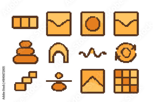 Pixel Art Balance Icons. Steady Balance Set pixel style set: level bar, harmony curve, centered token, soft symmetry wave, grounded stone, balanced flow arc, steady rhythm line,