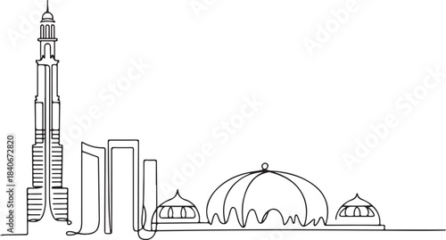 Continuous Line Art Sharjah Skyline with Cultural Center Dome in Minimal Contour Outline Style