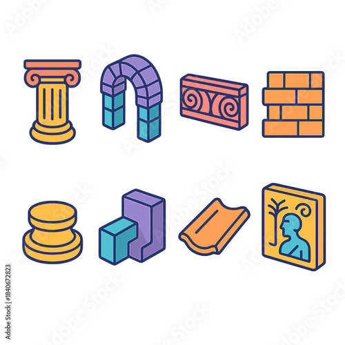 Ancient Icon Set. Ancient Structural Elements isometric flat set: stone column, archway block, carved lintel, brick pattern, pillar base, masonry joint, roof tile shard, wall