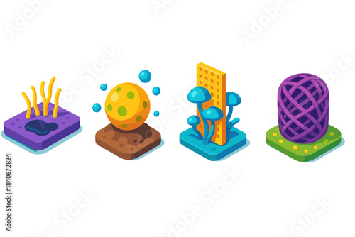 Mycological Cleanup Icons. Mycological Cleanup Systems flat isometric set: absorbent hypha mat, contaminant-lift bead, restorative mesh strip.
