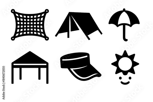 Shade Solution Icons. Lightweight Shade Solutions silhouette set: mesh shade cloth, backpacking tarp, small parasol, quick-fold canopy, visor flap, sun comfort indicator.
