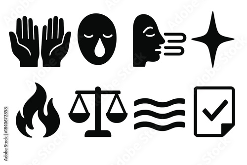 Brutalist Expression Icons. Authentic Expression Suite silhouette set: open hands, vulnerability tear, relief breath symbol, gratitude spark, courage flame, emotional balance scale
