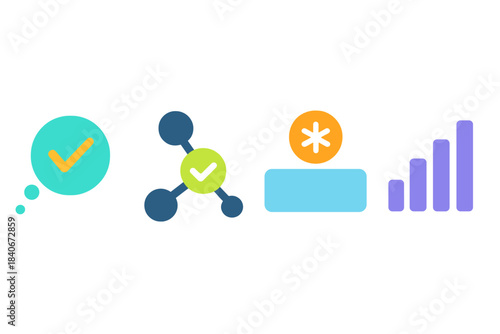Authentication Icon Set. Authentication Signal Patterns flat set: verify-ping bead, identity-check node, auth-code pulse bar.