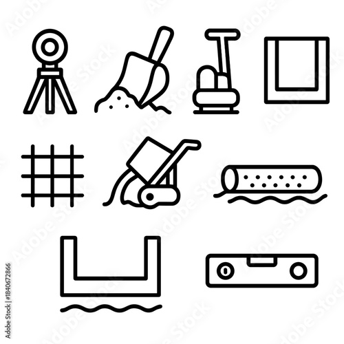 Groundwork Phases Icons. Groundwork Phases linear set: site survey marker, excavation bucket, soil compaction plate, footing outline, rebar grid, concrete pour icon, drainage pipe,