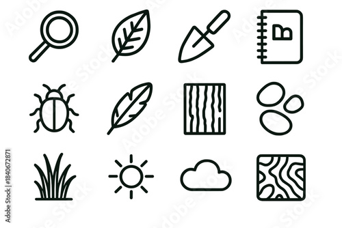 Nature Study Icons. Nature Field Study linear set: hand lens, leaf sample, soil scoop, observation notebook, insect silhouette, bird feather, tree bark texture, river stones,