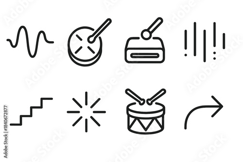Rhythmic Icon Set. Rhythmic Expression Set linear set: cadence wave, drum rim hit, percussion block, pulse divider, rhythmic steps, beat spark, marching drum icon, tempo flow arrow