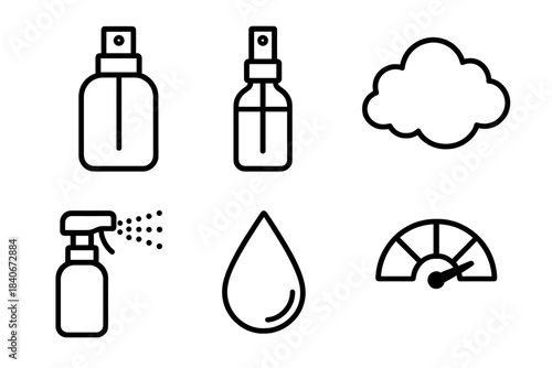 Aromatic Icons Display. Home Fragrance Set linear set: room mist bottle, essential oil spritz, light aroma cloud, fine spray head, scented droplet, ambience meter.