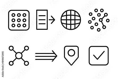 Abstract Logic Network. Distributed logic emergence linear set: autonomous node tile, rule-shift bar, logic grid arc, pattern cluster, coherence node, flow beam, decision tag,