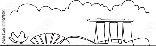 Continuous Line Art Singapore Skyline with Gardens by the Bay Domes in Minimal Contour Outline Style