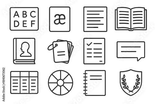 Language Learning Tools. Language Education Elements linear set: alphabet panel, phonics symbol card, word list sheet, structure guide, reading guidebook, flashcard bundle, task