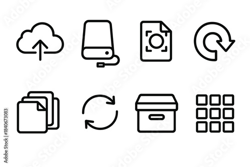 Backup Icons Array. Backup & Recovery Essentials linear set: cloud backup, external drive, snapshot icon, restore arrow, file version stack, sync symbol, archive box, redundancy