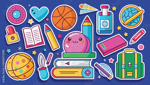 A colorful clipart set featuring school supplies, books, and a chalkboard, symbolizing the back-to-school theme..eps