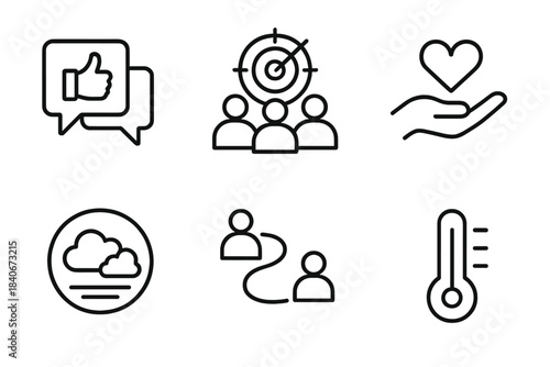 Supportive Culture Icons. Supportive Culture Framework linear set: open feedback tile, shared goals icon, empathy hand symbol, calm environment ring, cooperation pathway, climate