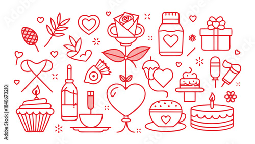 variety of doodles showcasing hearts, flowers, and other charming elements, all drawn in a playful style..eps