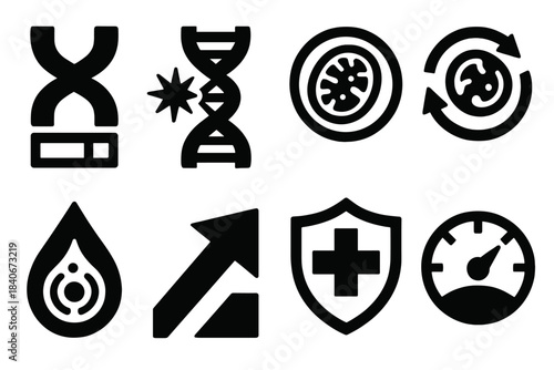 Bold Cell Rejuvenation Icons. Cell Rejuvenation Set silhouette set: telomere preservation bar, DNA-repair spark, mitochondrial energy wheel, autophagy cycle icon, cell-cleansing