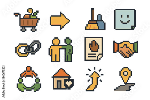 Community Support Icons. Community Service Support pixel style set: neighborhood help cart, guidance arrow, cleanup tools, friendly check-in note, mutual aid link, supportive