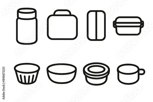 Lunch Containers Collection. Lunch Container Essentials linear set: tall food jar, kid’s lunch box, slim divider tray, stainless snack case, silicone food pod, microwave-safe bowl,