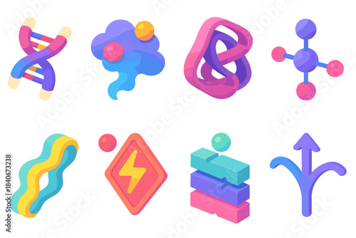 Isometric Aging Icons Set. Molecular senescence themes flat isometric set: telomere strip, ROS plume, misfold coil tile, repair signal node, energy drift band, damage indicator,