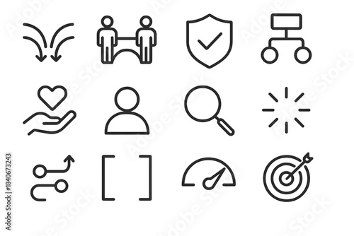 Persuasion Elements Icons. Influence & Persuasion Elements linear set: persuasive arcs, communication bridge, credibility badge, logical flow chart, emotional appeal symbol,