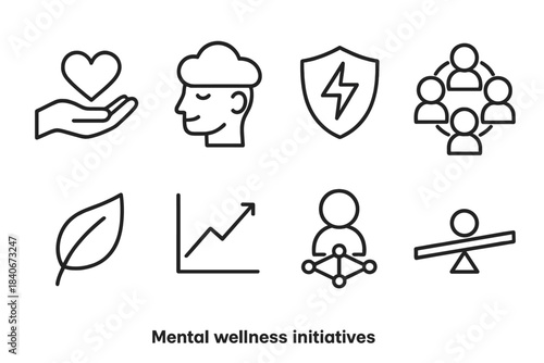 Mental Wellness Icons. Mental wellness initiatives linear set: support hand icon, calm mind cloud, resilience shield, community circle, stress-relief leaf, wellbeing chart,