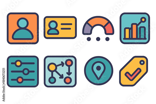 Digital Identity Icons. Online identity frameworks flat set: persona node tile, profile bar, activity arc, behavior tracker icon, preference strip, interaction flow, identity