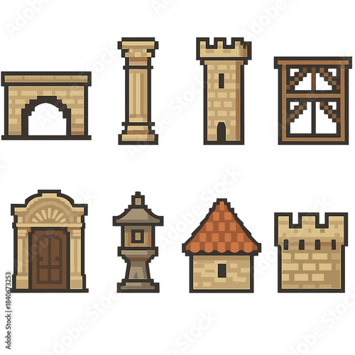 Pixel Heritage Icons. Heritage architecture elements set of icons in flat pixel vector style: old bridge arch, carved column, medieval tower, timber beam frame, ornate doorway,