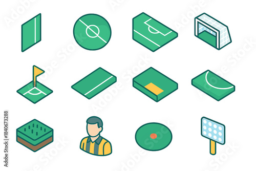Isometric Soccer Field Icons. Soccer Field Feature Set isometric flat set: midline, center spot, penalty region, goal bars, corner wedge, boundary stripe, coaching area, ball arc,
