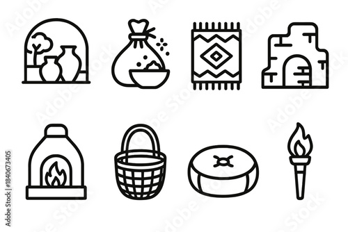 Desert Home Icons. Desert Community Life linear set: courtyard pottery, spice pouch, woven rug, adobe wall segment, clay stove, reed basket, ground cushion, night torch.
