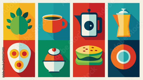 vibrant illustration showcasing a variety of breakfast foods, such as muffins, bacon, and smoothies, in a delightful layout..eps