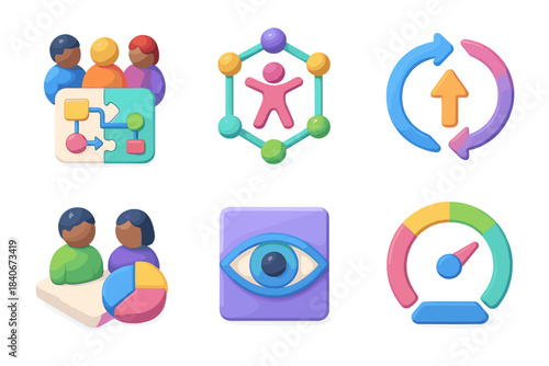 Inclusive Workflow Icons. Inclusive Operations Set flat isometric set: collaborative workflow map, equal-access node, decision loop arrow, shared outcome tile, transparency icon,