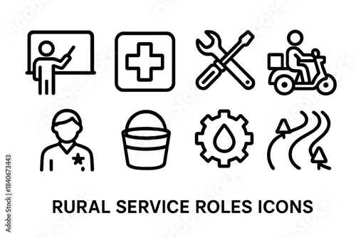 Rural Service Icons. Rural Service Roles linear set: teacher icon, clinic cross, repair tools, delivery bike, community helper, water bucket, maintenance gear, service path.