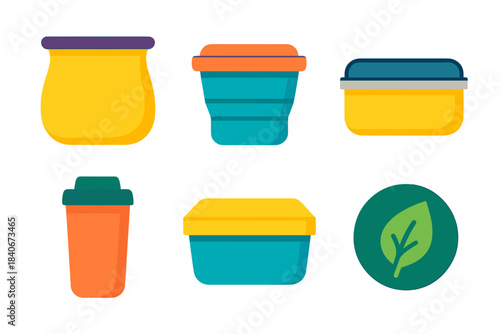 Eco-Friendly Food Storage. Reusable Food Storage flat set: silicone bag, collapsible container, stainless tin, leakproof cup, wrap-free box, eco storage symbol.