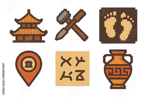 Cultural Iconography Set. Cultural Discovery pixel style set: heritage roofline, artisan tool, dance step imprint, cultural map marker, ancient script line, crafted vessel.