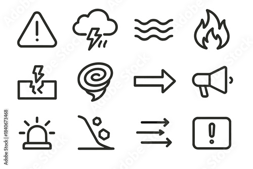 Disaster Warning Icons. Crisis Alert Set linear set: warning sign, severe storm cloud, rising water icon, fire danger mark, ground shake symbol, cyclone swirl, escape route arrow,