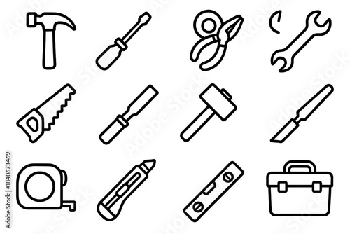 Essential DIY Tools. DIY Hand Tool Essentials linear set: claw hammer tile, screwdriver node, wrench bar, pliers ring, hand saw patch, chisel stripe, mallet panel, file arrow,