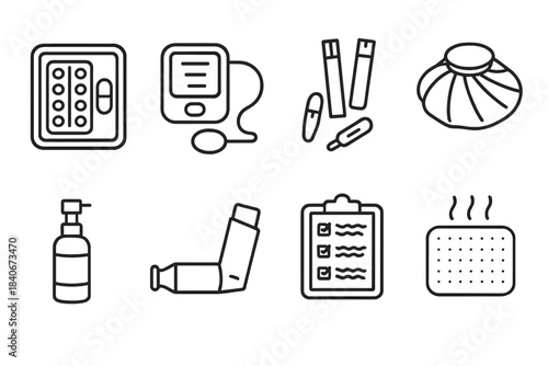 Medical Care Essentials. Routine medical care set linear set: medication tray, digital BP cuff, glucose test strips, reusable ice pack, antiseptic spray, inhaler spacer, symptom