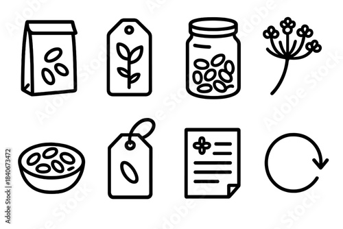 Seed Exchange Icons. Community seed exchange elements linear set: seed pouch, variety label card, storage jar, heirloom seed cluster, sharing bowl, swap tag, garden note, exchange