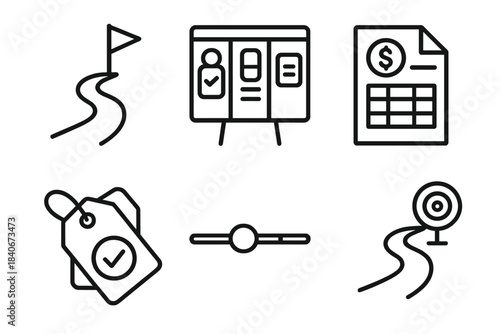 Career Finance Roadmap. Career–Finance Balance Planning linear set: roadmap curve, task board, budget sheet, priority tag, timeline bar, goal marker.